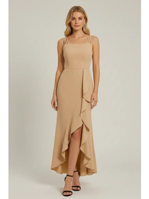 Kadın Ip Askılı Volan Detaylı Uzun Yırtmaçlı Abiye Elbise