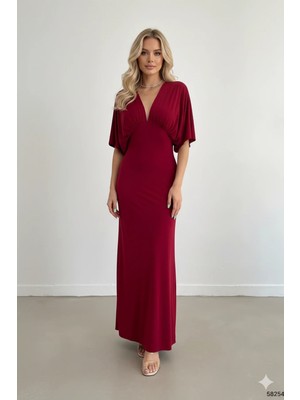 Kadın Yarasa Kol Sandy Kumaş Uzun Yırtmaç Detay Elbise