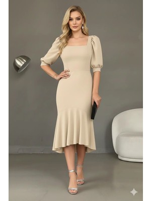 Kadın Krep Kumaş Kare Yaka Balon Kol Balık Model Midi Boy Elbise