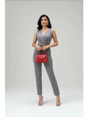 Kadın Ithal Krep Kumaş Zincir Detaylı Tulum