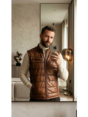 Tabakhanem Hakiki Kuzu Derisi Erkek Şişme Yelek - Kahve