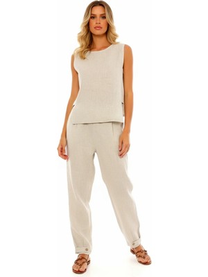 Kolsuz Yuvarlak Yaka Yandan Bantlı Detaylı Tarz Bluz Cepli Pantolon Takım