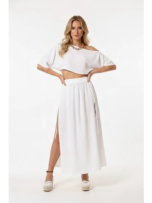 %100 Pamuk Müslin Bohem Takım - Kayık Yaka Crop Üst & Yırtmaçlı Düğmeli Etek