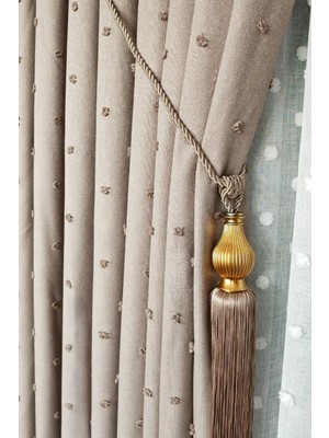 Keten Dokulu Ponponlu Vizon Pano Fon Perde Tek Kanat Sık Pileli