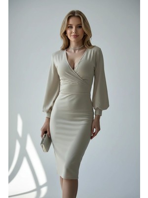 Kadın Kruvaze Kesim Manşetli Balon Kol Şık Krep Elbise