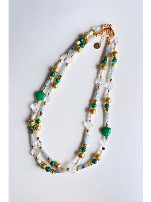 Merse Atelier Lav Üzeri Altın Kaplama Detaylı Doğal Incili Yeşil Kalpli Kolye