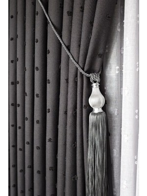 Keten Dokulu Ponponlu Antrasit Pano Fon Perde Tek Kanat Sık Pileli