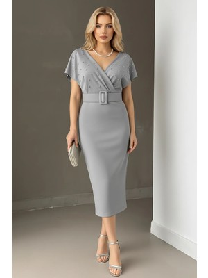 Kadın Kemerli Scuba Kumaş Inci Detaylı Elbise