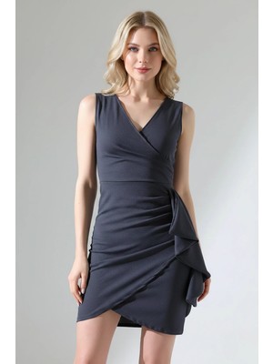 Kadın Krep Kumaş Kalın Askılı Volan Detay Mini Elbise