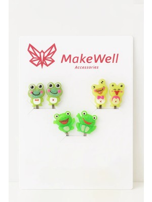 Makewell Neşeli Kurbağa Sıkıştırmalı Küpe 3'li Set Deliksiz Kulağa Uygun Kız Çocuk Hediye