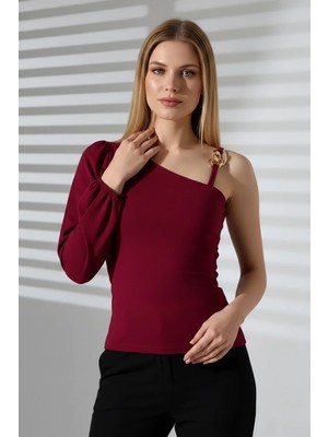 Kadın Kolu Pencereli Asimetrik Kesim Gold Aksesuarlı Şık Bluz