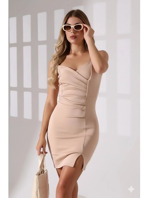 Kadın Scuba Kumaş Askı Taş Detay Ince Askılı Yırtmaçlı Elbise