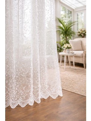 Çiçek Desenli Tül Perde Eteği Işlemeli Sık Pile Tül Perde