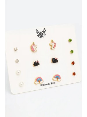 Makewell Hello Kitty Prenses Çelik Küpe 6'li Set Paslanmaz Çelik Kız Çocuk Hediye