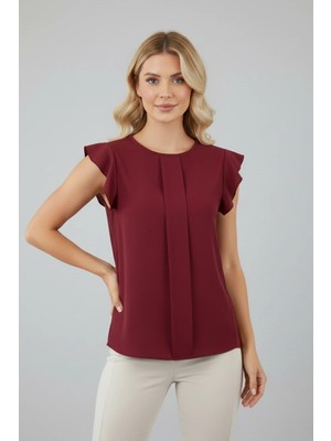 Yuvarlak Yaka Fırfırlı Kısa Kol Önü Bloklu Rahat Kesim Düğme Kapamalı Cool ve Şık Bluz