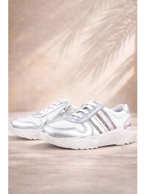 Rakerplus Hakiki Deri Gümüş Pembe Parlak Taşlı Kız Çocuk Sneakers Ayakkabı