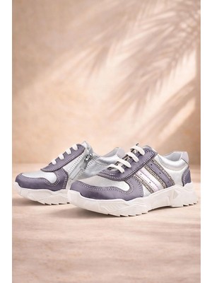 Rakerplus Hakiki Deri Platin Pembe Parlak Taşlı Kız Çocuk Sneakers Ayakkabı