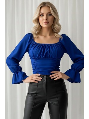 Kadın Madonna Yaka Çan Kollu Özel Tasarım Büzgü Detaylı Volanlı