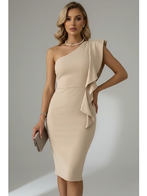 Kadın Scuba Kumaş Tek Omuz Volanlı Elbise