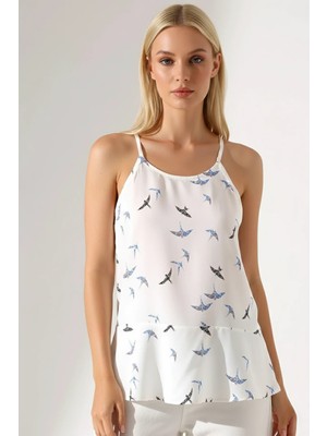 Kuş Desenli Askılı Belden Volanlı Modern Şık Viskon Bluz - Maroken Kumaş