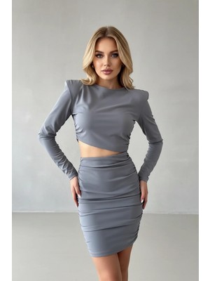 Kadın Bel Dekolte Detaylı Vatkalı Mini Elbise
