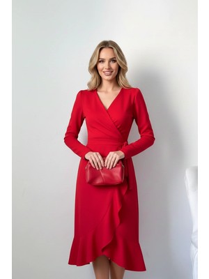 Kadın Krep Kumaş Uzun Kollu Kuşaklı Midi Elbise