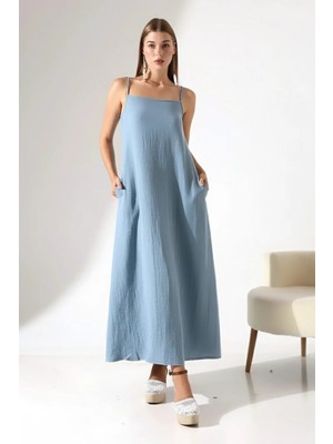 %100 Pamuk Müslin Askılı Cepli A Form Yazlık Elbise