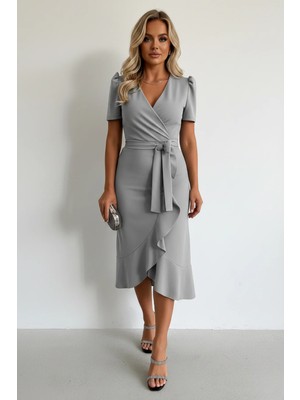 Kadın Kumaş Kısa Kollu Kuşaklı Midi Elbise