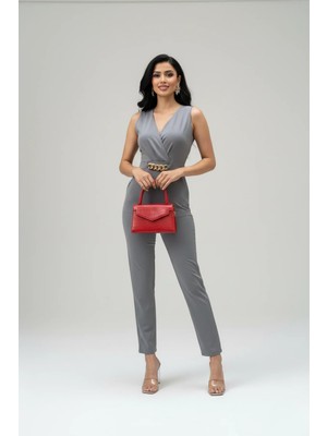 Kadın Ithal Krep Kumaş Zincir Detaylı Tulum