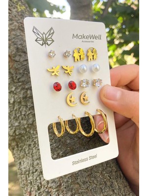 Makewell Tatlı Arı Çelik Küpe 10'li Set Paslanmaz Çelik Kız Çocuk Hediye