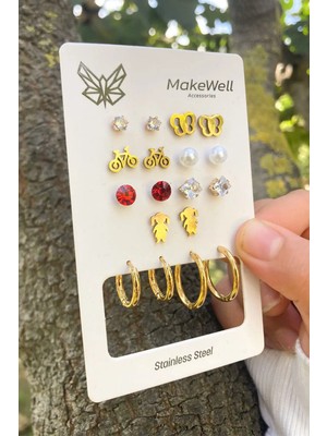 Makewell Kelebek Bisiklet Temalı Çelik Küpe 7'li Set Paslanmaz Çelik Kız Çocuk Hediye