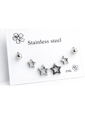 Makewell Işıltılı Yıldız Çelik Küpe 3'li Set Paslanmaz Çelik Kız Çocuk Hediye