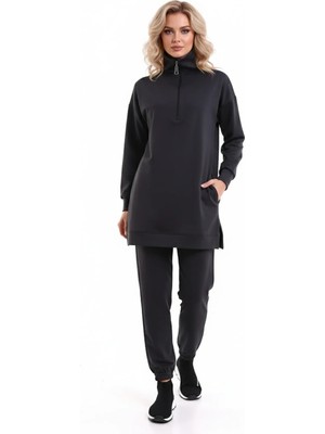 Rahat ve Sportif Yakası Uzun Fermuarlı Yumuşak Jogging Takım