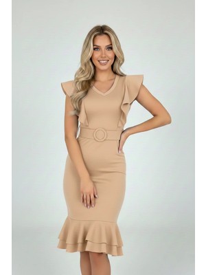 Kadın Volan Detay Scuba Kumaş Kemerli Midi Boy Balık Elbise