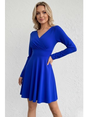 Kadın Kruvaze Yaka Krep Kumaş Uzun Kol Kloş Elbise