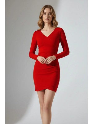 Kadın Büzgülü Kruvaze Yaka Krep Kumaş Uzun Kollu Elbise