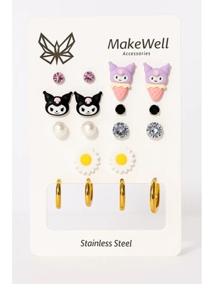 Makewell Minik Kuromi Çelik Küpe 9'li Set Paslanmaz Çelik Kız Çocuk Hediye
