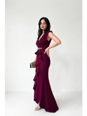 Kruvaze Yaka Kadın Taşlı Volanlı Abiye