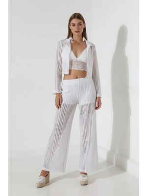 Dantelli Yaka Uzun Kol Crop Gömlek Beli Lastikli Içi Astar Şortlu Bol Paça Pantolon Takım