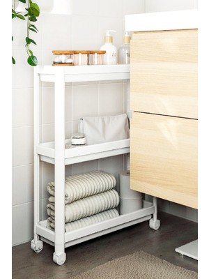 Lumindra Tekerlekli Raf Ünitesi 3 Katlı Banyo Rafı Mutfak Rafı Servis Sehpası Organizer Beyaz
