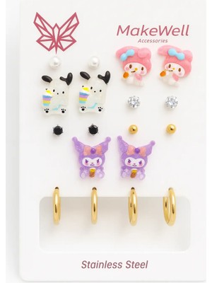 Makewell Tatlı Arı Çelik Küpe 8'li Set Paslanmaz Çelik Kız Çocuk Hediye