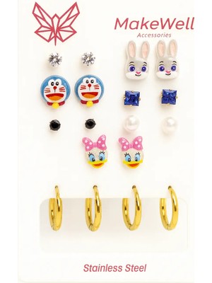 Makewell Tatlı Arı Çelik Küpe 6'li Set Paslanmaz Çelik Kız Çocuk Hediye