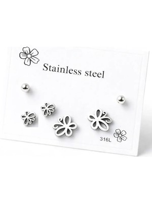 Makewell Bahar Çiçeği Çelik Küpe 3'li Set Paslanmaz Çelik Kız Çocuk Hediye