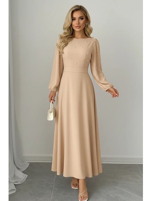 Kadın Inci Detay Yuvarlak Yaka Prenses Kol Bel Dekolteli Kendinden Kuşaklı Krep Kumaş Elbise