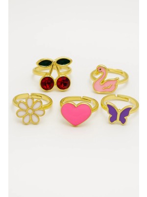 Makewell Tatlı Kiraz Yüzük 5'li Set Ayarlanabilir Kız Çocuk Kız Çocuk Hediye