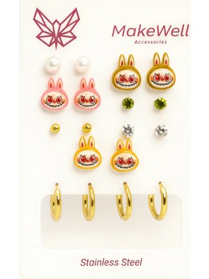 Makewell Sevimli Labubu Çelik Küpe 8'li Set Paslanmaz Çelik Kız Çocuk Hediye