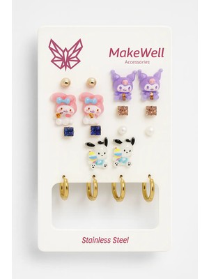 Makewell Tatlı My Melody Çelik Küpe 9'li Set Paslanmaz Çelik Kız Çocuk Hediye