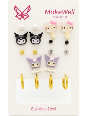 Makewell Karakter Çelik Küpe 8'li Set Paslanmaz Çelik Kız Çocuk Hediye