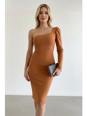 Kadın Tek Kol Midi Boy Krep Kumaş Elbise