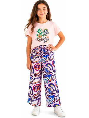 İrem Çocuk Giyim Kız Çocuk Belive Yazı Desenli Kısa(Crop) Tişörtlü Bol Paça Model Pantolon Oversize Pudra Renk Takım